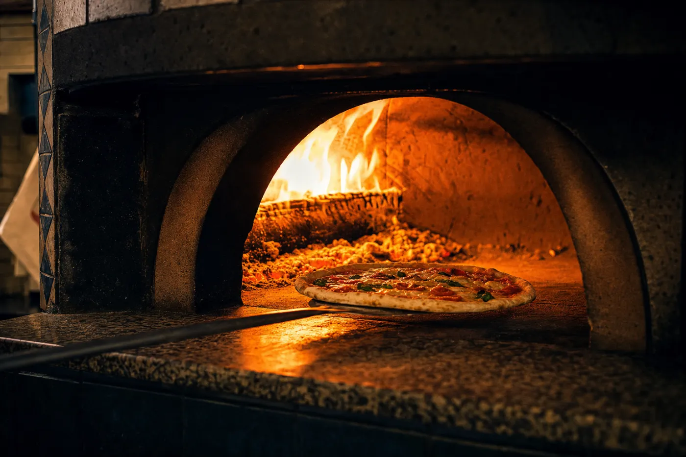 Una pizza infornata nel forno a legna